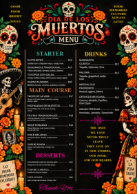 Czarny Dia de los Muertos Menu A4 Template