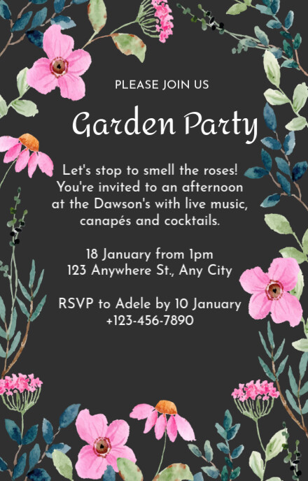 Black Floral Garden Party Invitation Wattpad Cover template