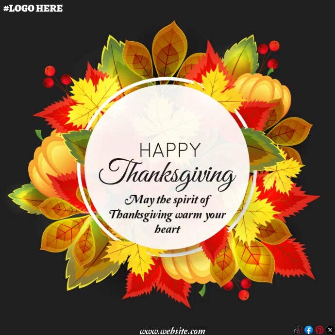 Black Floral Happy Thanksgiving Greeting Card With Autumn Leaves ...