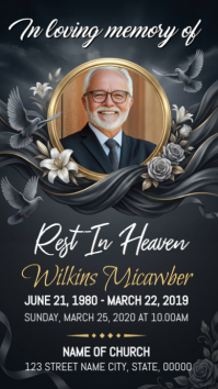 Black Floral Memorial Service Digital Display Affichage numérique (9:16) template