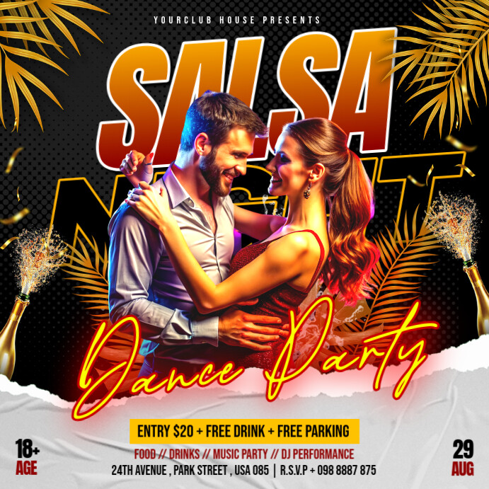 Black Floral Salsa Night Dance Party Flyer Instagram Post Template ...