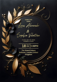Black Floral Wedding Invitation A4 template