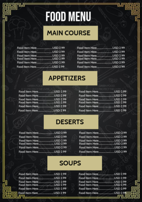 Modèle Black Food Menu A2 | PosterMyWall