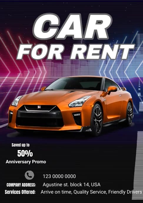 Black Futuristic Car For Rent A4 Template | PosterMyWall