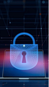 Black Futuristic Cybersecurity Digital Display. Cyber Security Concept with Digital Padlock and Lapt template