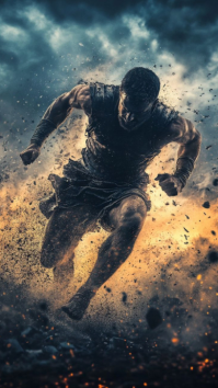 Black Futuristic Epic Warrior Digital Display. Ancient Warrior Running Through Dust Powerful Action template