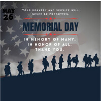 Black Futuristic Patriotic Tribute | Dark Blue & Red Memorial Day Poster With Soldier Silhouettes Lo Логотип template