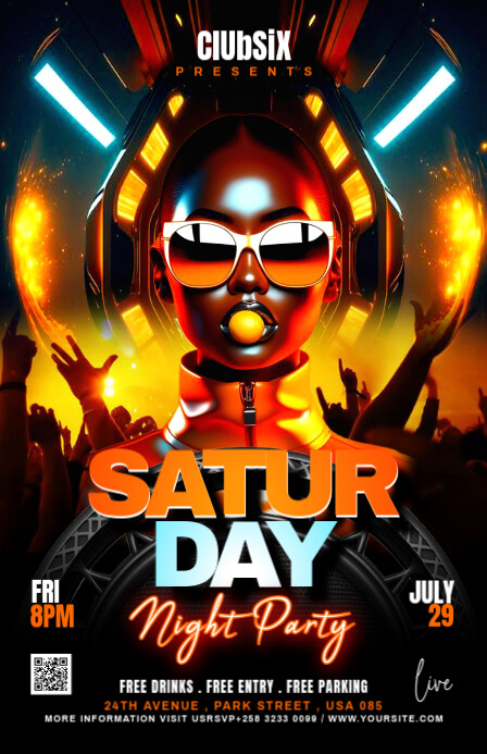 Black Futuristic Saturday Night Party Flyer Tabloid Poniekoerant template