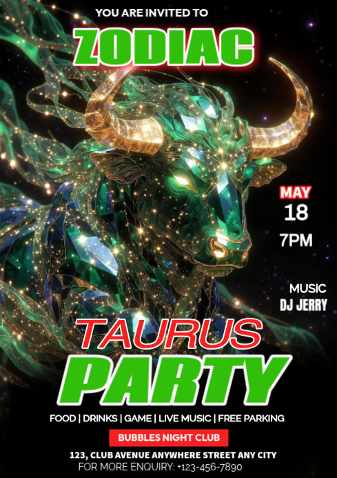Black Futuristic Taurus Zodiac Party A3 Template | PosterMyWall