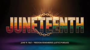 Black Geometric Powerful Juneteenth Poster Freedom Remember Justice Pursued Template  Digital Displa Display digitale (16:9)
