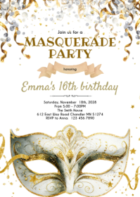 Black gold and Silver Masquerade Party Invitation A6 template