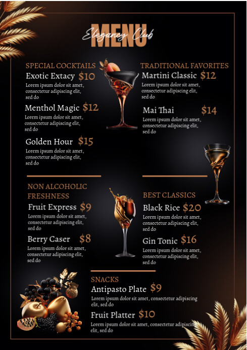 Club Menu Template Design Black Gold Menu Club Night Template | PosterMyWall
