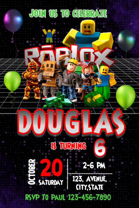 Black Gradient Roblox Invitation Birthday Cartaz template