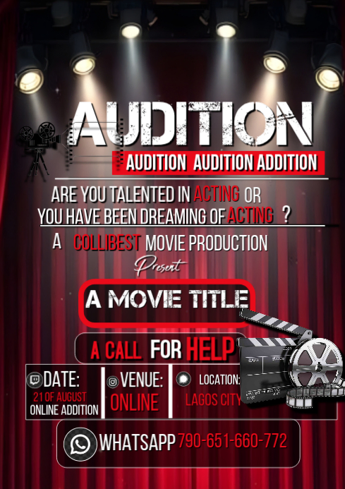 Plantilla de Black Grunge Acting Audition A4 | PosterMyWall