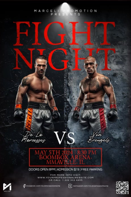 Black Fight Night Event Posters Template | PosterMyWall