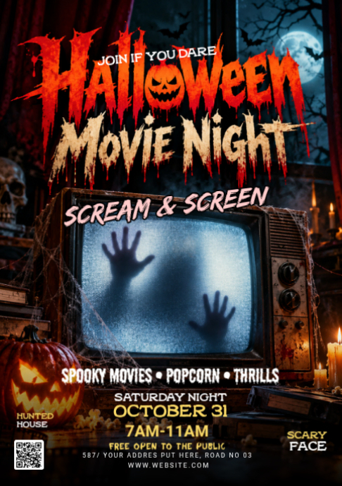 Black Halloween Movie Night A2 Template | PosterMyWall