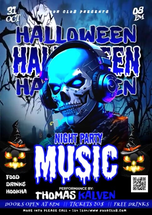 Black Halloween Music Night Party Video Flyer A6 Template | PosterMyWall