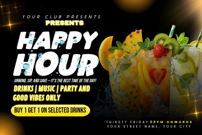 Plantilla de Black Happy Hour Event Poster Video | PosterMyWall
