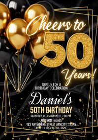 Black Illustrative 50th Birthday Invitation A4 template
