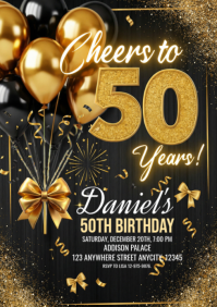 Black Illustrative Cheers To 50 Years Invitation A4 template