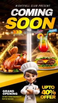 Black Illustrative Coming Soon Hotel Grand Opening Restaurant Now Open Announcement Online Instagram template