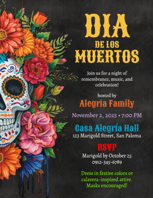 Black Illustrative Dia De Los Muertos Invitation Flyer (us Letter) Pamflet (Letter AS) template
