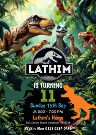 Black Illustrative Dinosaur Birthday Invitation Template A6