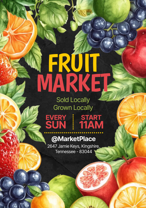 Black Illustrative Fruit Market A5 Template | PosterMyWall