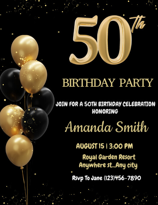 Black Illustrative Gold And Black Balloons, 50th Birthday Invitation  Flyer (us Letter) template
