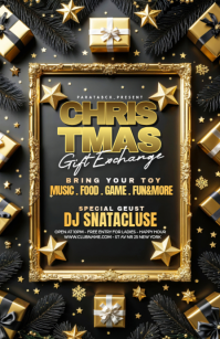 Black Illustrative Golden Christmas Gift Exchange Party Flyer – Holiday Event, Music, Food & Dj Nigh Tabloid (Таблоид) template