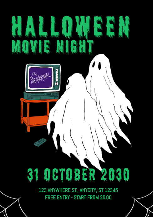Black Illustrative Halloween Movie Night A4 template