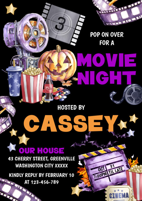 Black Illustrative Halloween Movie Night Invitation A4 template