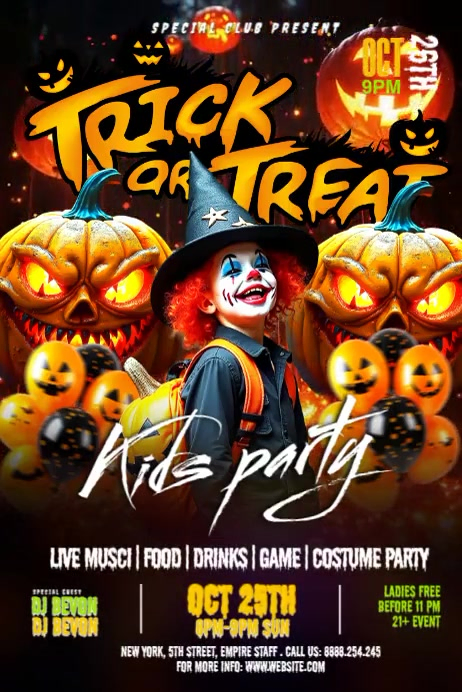Black Illustrative Halloween Trick Or Treat Kids Party Postermywall ...