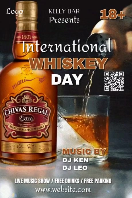Black Illustrative International Whiskey Day Video Poster Cartaz template