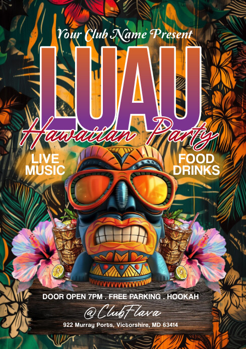 Black Illustrative Luau Party A5 Template | PosterMyWall