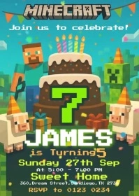 Black Illustrative Minecraft Birthday Invitation A6 template