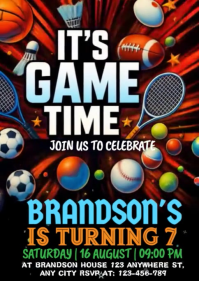 Black Illustrative Sports Birthday Invitation A6 template