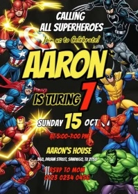 Black Illustrative Superhero Birthday Invitation A6 template