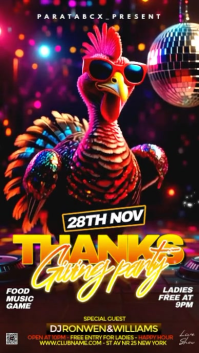 Black Illustrative Thanksgiving Night Party – Funky Turkey With Sunglasses Instagram Story template