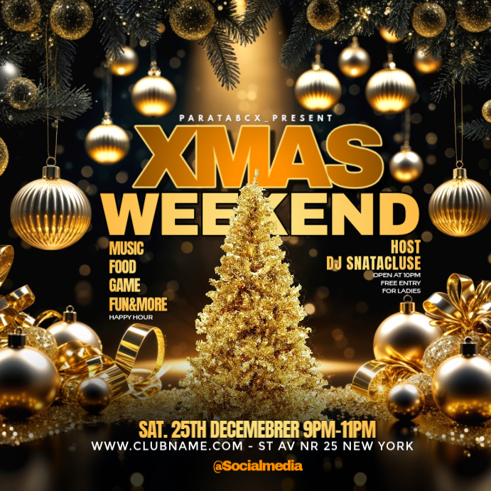 Black Illustrative Xmas Weekend Party Flyer – Golden Christmas Event ...