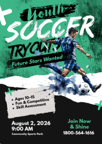 Black Illustrative Youth Soccer Tryouts A4 template
