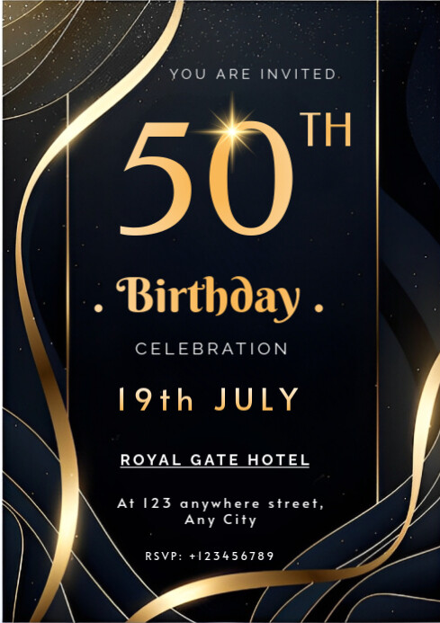 Black Joyful 50th Birthday Invitation Card A4 template