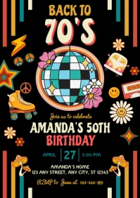 Black Neon 70s Retro Vintage Theme Birthday Party Invitation Card A5 template