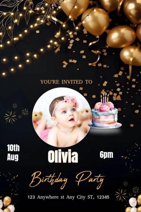 Black Joyful Birthday Invitation  Poster Plakkaat template