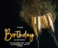 Black Joyful Black And Gold Birthday Party Invitations Card  Medium Rectangle template