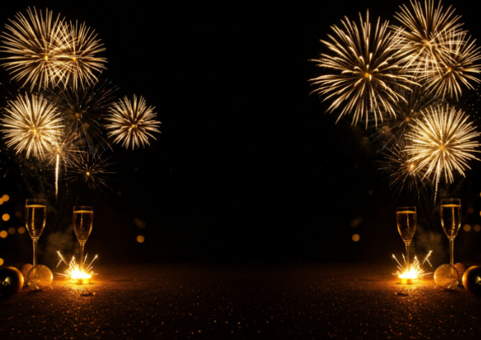 Black Joyful Elegant New Year Background With Fireworks And Glowing Lights A6 template