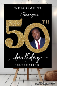 Black Joyful Golden 50th Birthday Welcome Board Template With Photo | Editable Milestone Party Sign Pinterest Graphic