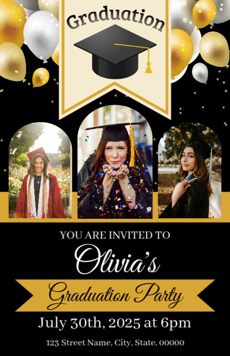 Half Graduation Card Black Joyful Graduation Invitation Half Page Wide Template | PosterMyWall