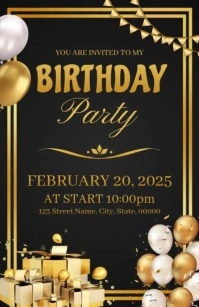 Black Joyful Happy Birthday Invitation Half Page Wide ความกว้างแบบครึ่งหน้า template