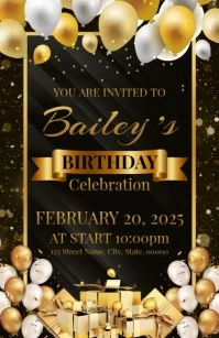 Black Joyful Happy Birthday Invitation Half Page Wide ความกว้างแบบครึ่งหน้า template